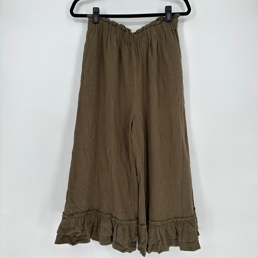 NEW Mustard Seed Boutique Green Linen Bend Ruffle Hem Boho Pants Large